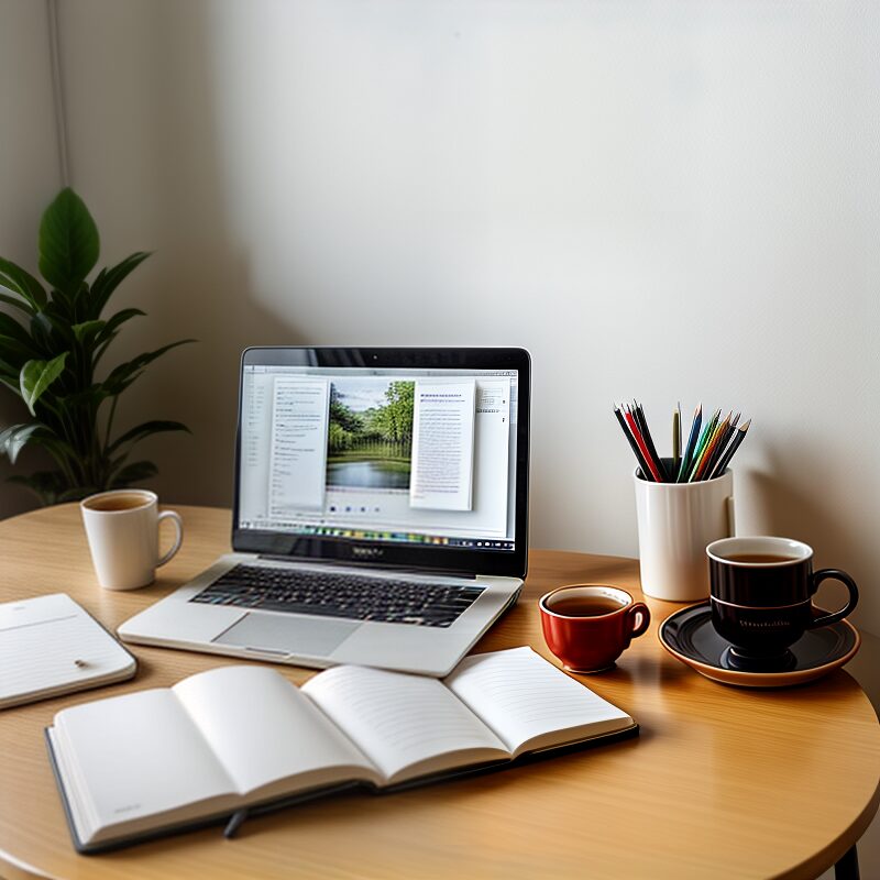 Computer on a desk with journals spread out . To invite them to join a newsletter