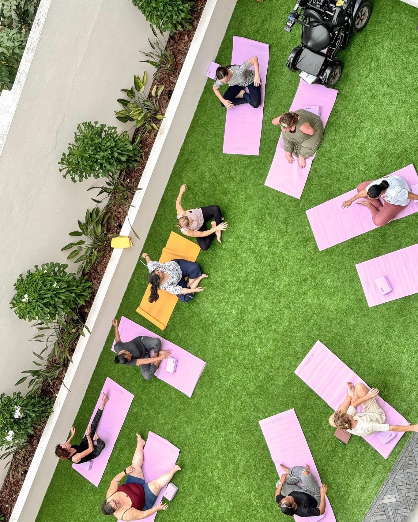 people on mats doing yoga.